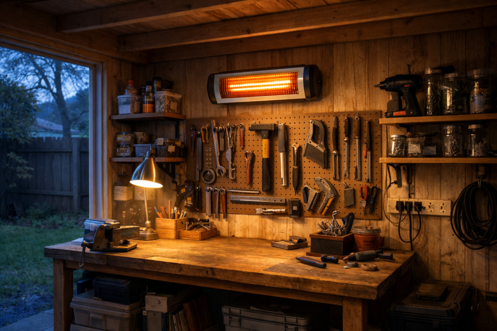 Small backyard shed workshop heated by a wall-mounted electric heater