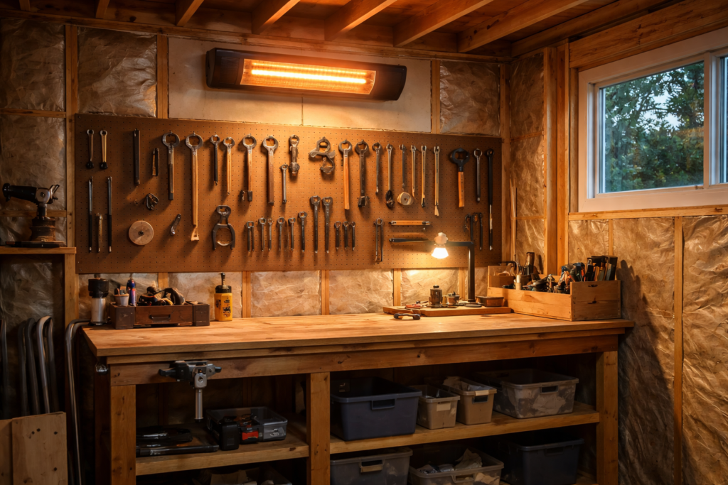 Ceiling-mounted electric heater installed in a backyard workshop shed.