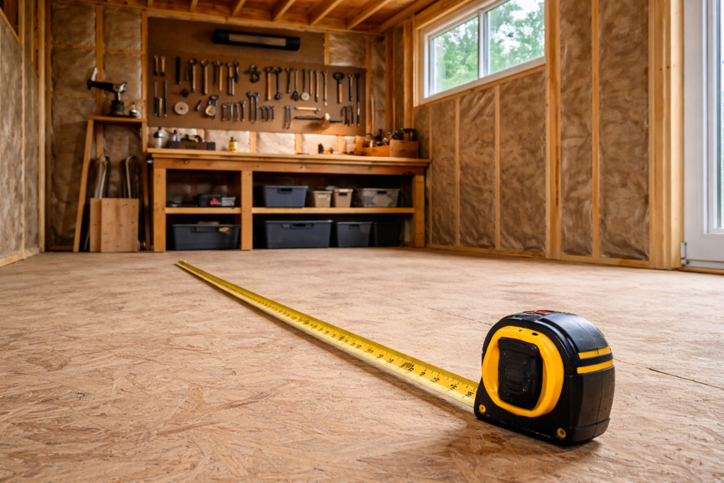 Measuring the floor of a backyard shed to calculate heater size requirements.