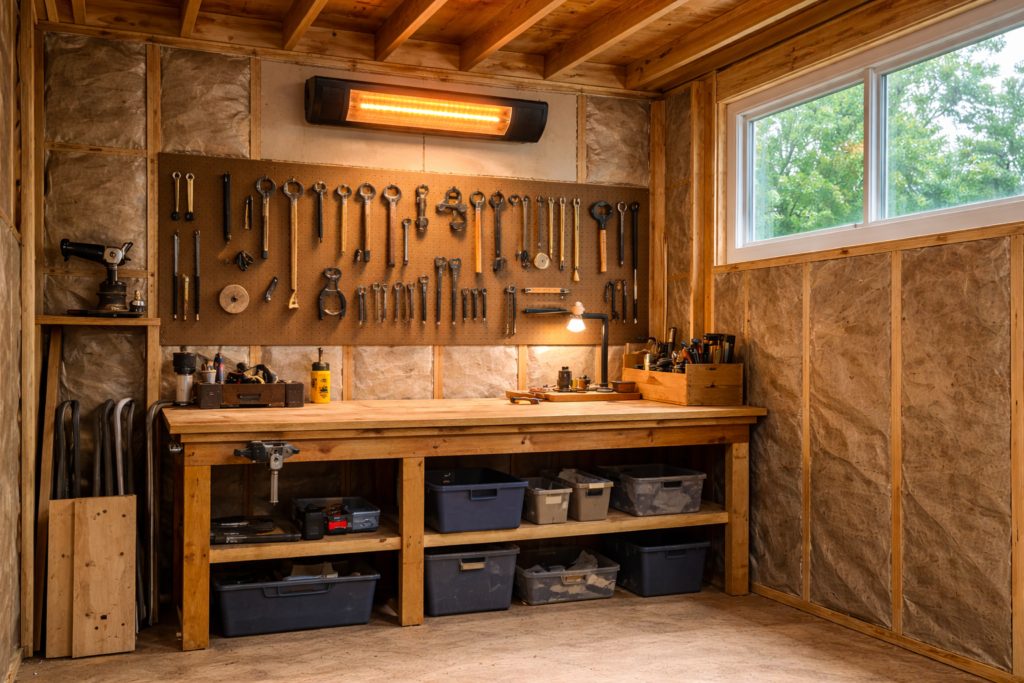 Electric heater installed in a backyard shed sized appropriately for the space.
