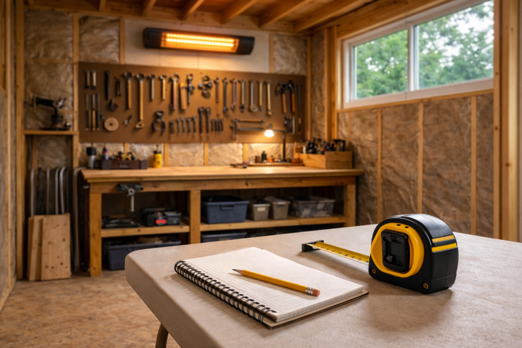 Backyard shed interior with electric heater installed and tools used for measuring space.