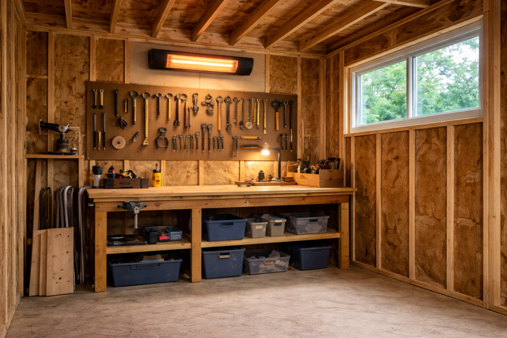 Wall-mounted electric heater heating an uninsulated backyard shed with exposed framing.