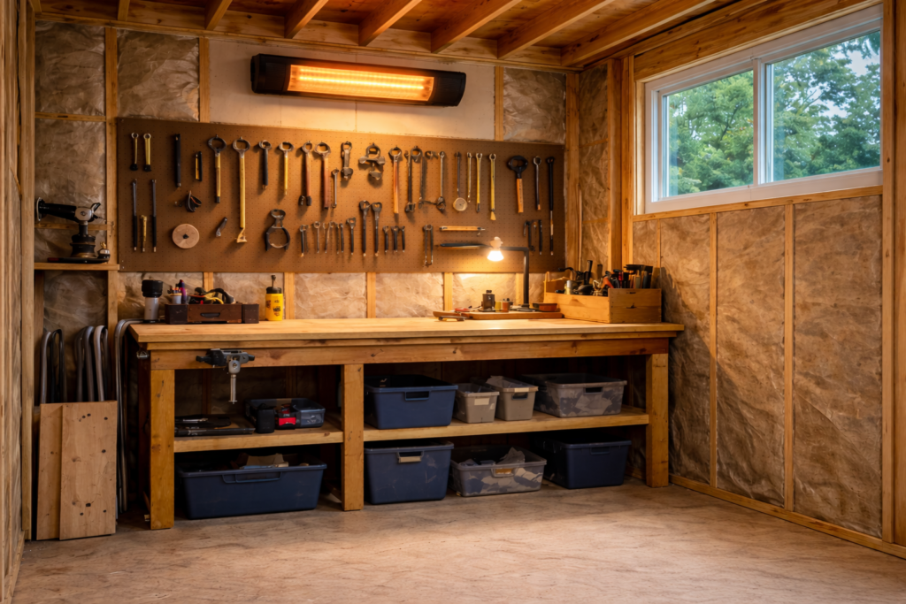 Wall-mounted electric heater installed above a workbench inside a backyard shed.
