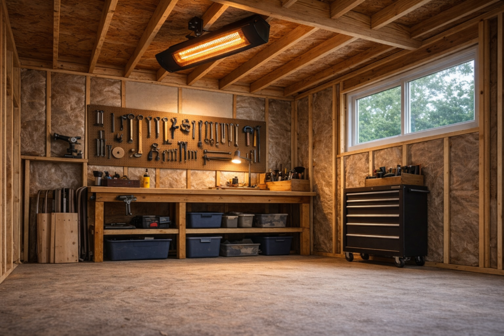 Ceiling-mounted electric heater installed in a backyard shed with open floor workspace.