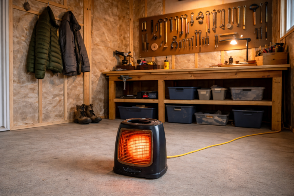 Portable electric heater operating safely on the floor inside a small backyard shed.