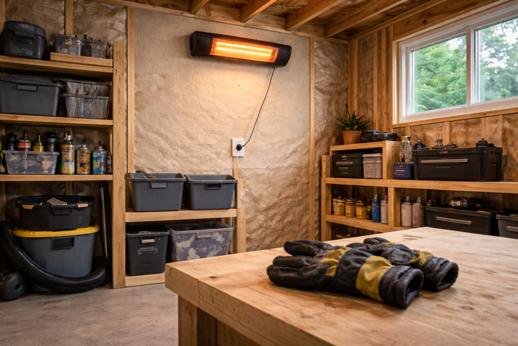 Compact 120V wall-mounted electric heater plugged into a standard outlet inside a small shed.