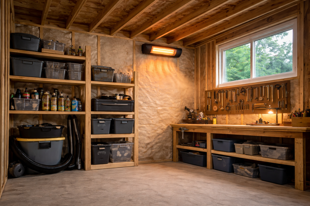 240V wall-mounted electric heater installed in a medium-sized backyard workshop shed.