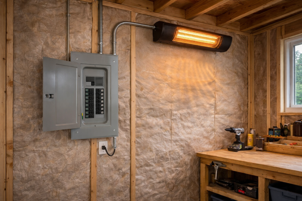 Electrical panel and wall-mounted heater inside a backyard shed showing proper wiring setup.