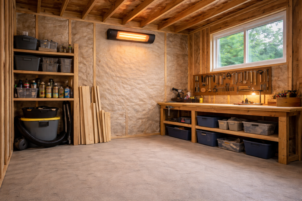 Wall-mounted electric heater installed with proper clearance inside a backyard shed.