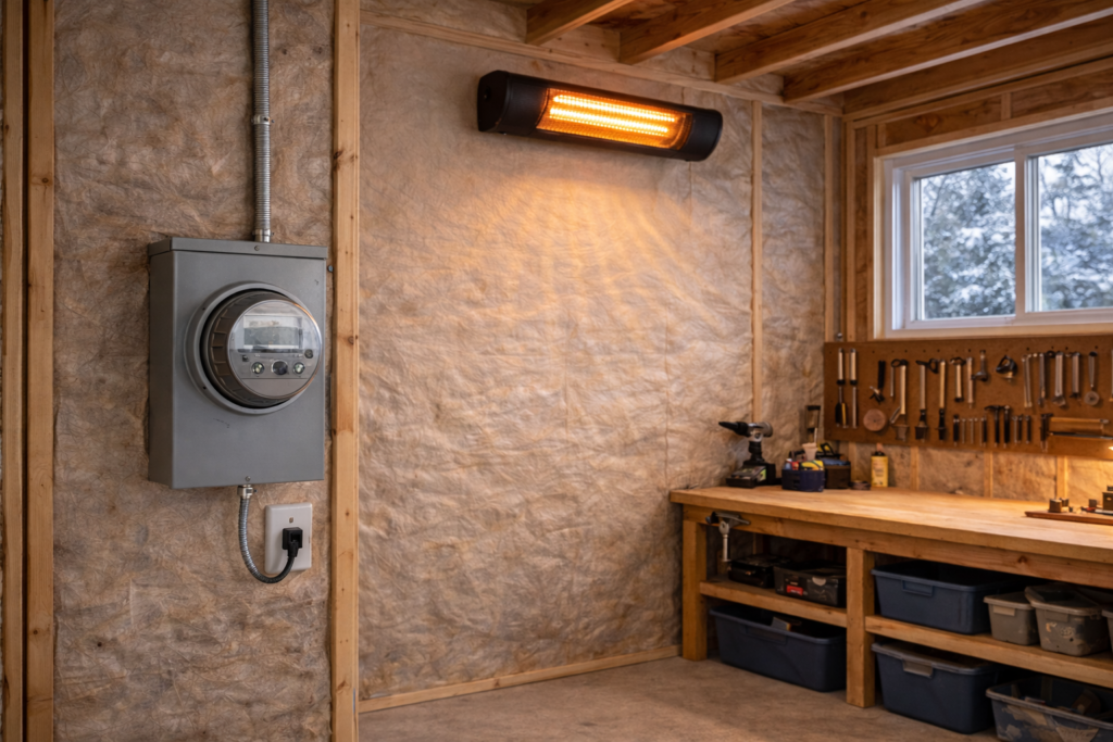 Electric heater operating inside a backyard shed with an electricity meter visible on the wall.