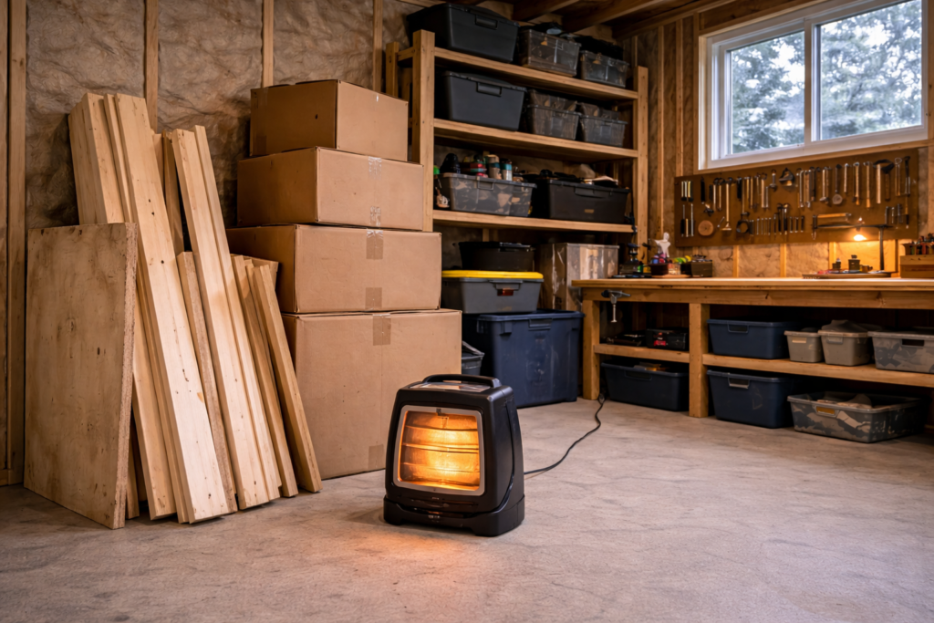 Portable electric heater placed too close to stored materials inside a cluttered backyard shed.