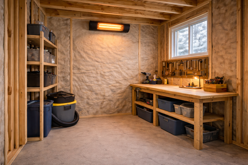 Compact wall-mounted electric heater heating a small backyard shed under 100 square feet.