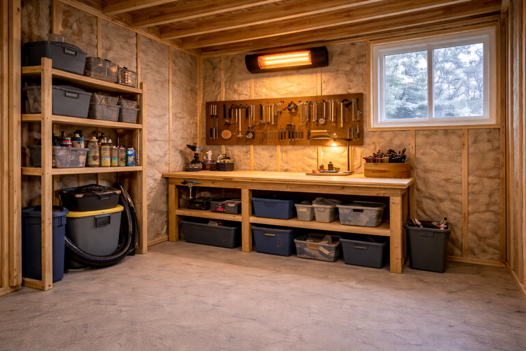 Wall-mounted electric heater installed inside a 10×10 backyard workshop shed.