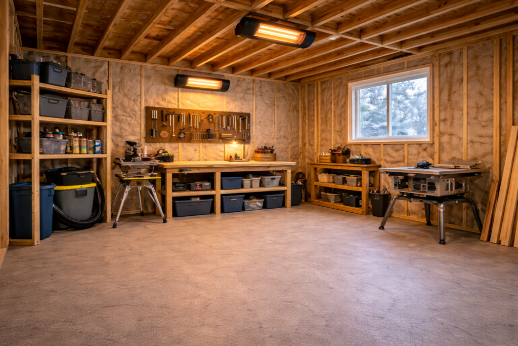 Ceiling-mounted 240V electric heater heating a 12×16 backyard workshop shed.