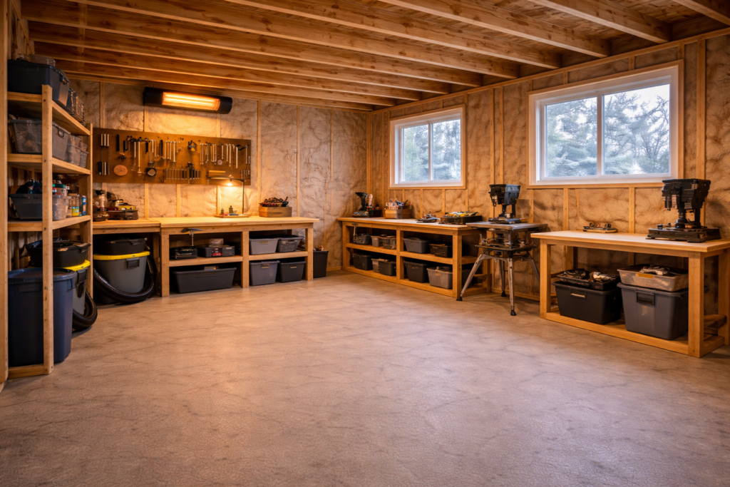 240V wall-mounted electric heater heating a large backyard shed over 200 square feet.