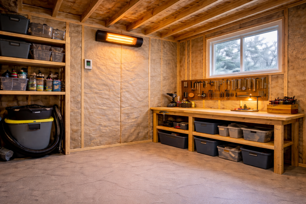 Wall-mounted electric heater operating in a well-insulated backyard shed with thermostat control.