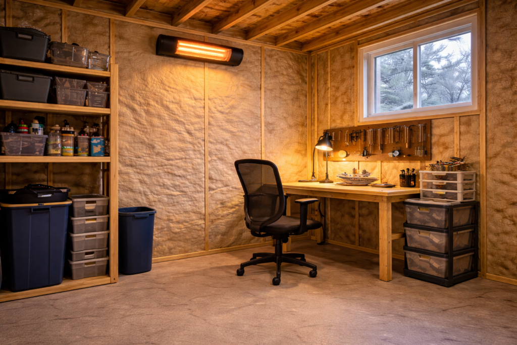 Wall-mounted electric heater operating quietly inside a small backyard shed workspace.