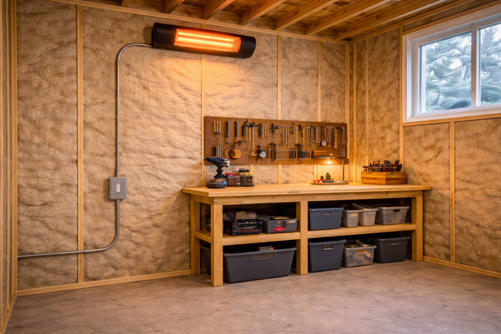 Hardwired 240V wall-mounted electric heater installed in a backyard workshop shed.