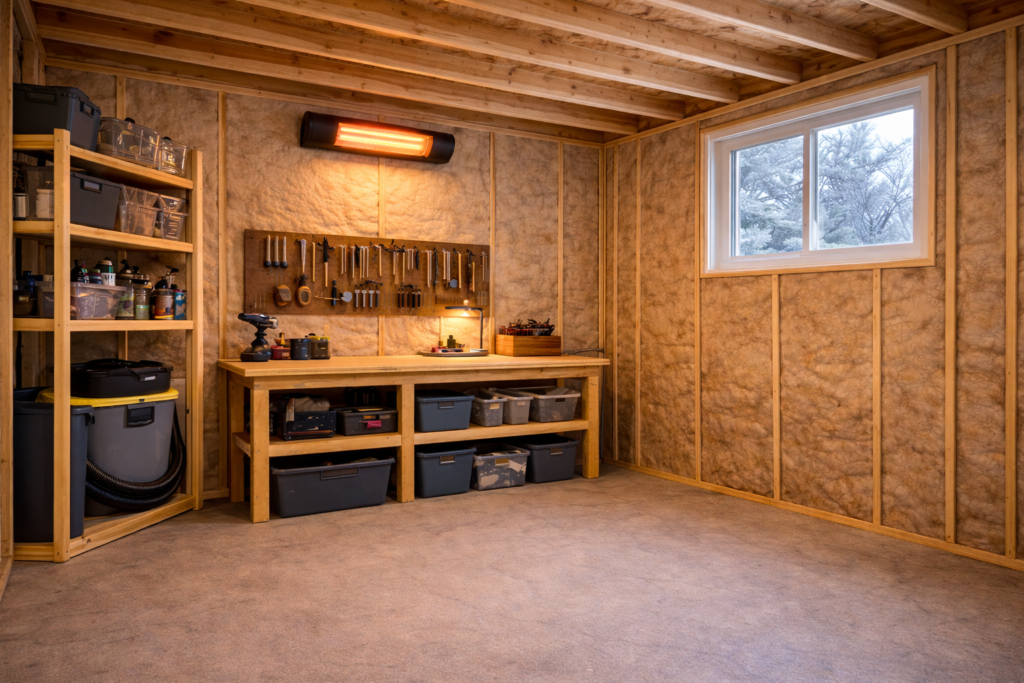 Wall-mounted electric heater heating a 10×12 backyard workshop shed.