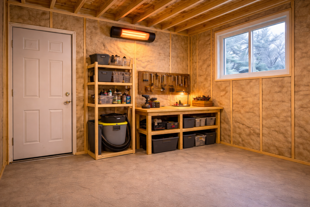 Wall-mounted electric heater operating inside a well-insulated backyard shed with finished wall panels.
