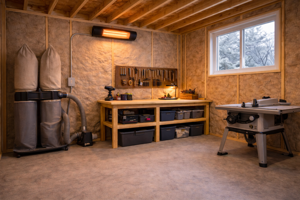 Wall-mounted electric heater heating a backyard shed workshop with woodworking tools and central workbench.