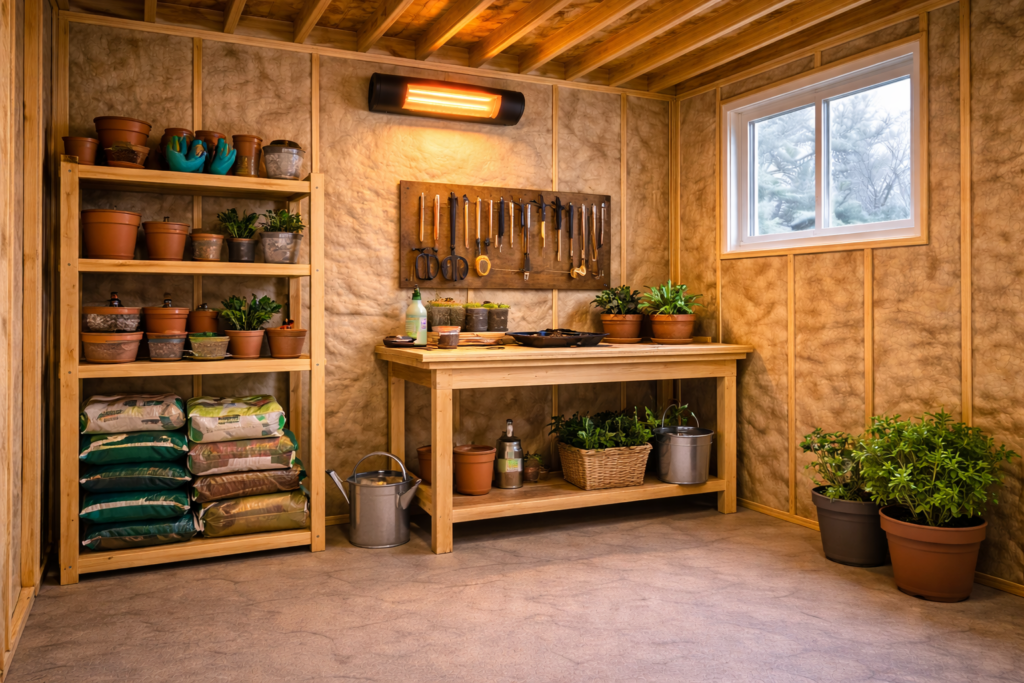 Compact wall-mounted electric heater heating a small backyard garden shed with gardening tools and potting bench.
