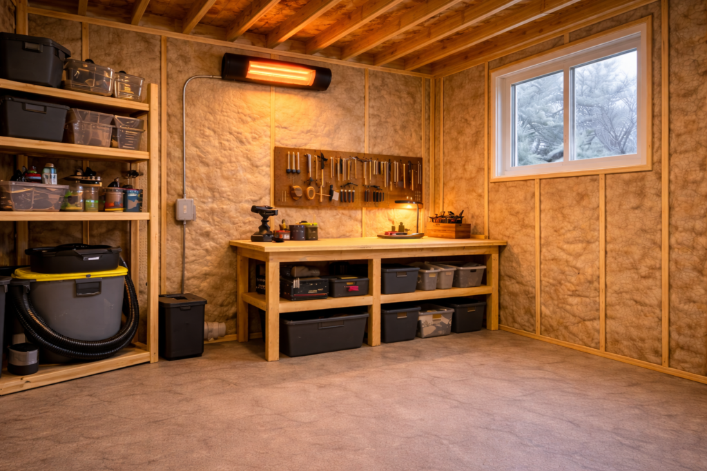 Wall-mounted electric heater heating a backyard shed during winter with frost visible outside the window.