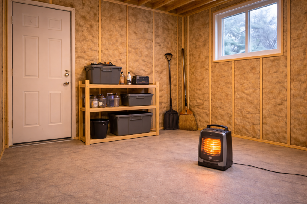 Compact portable electric heater warming a small insulated backyard shed on a budget setup.