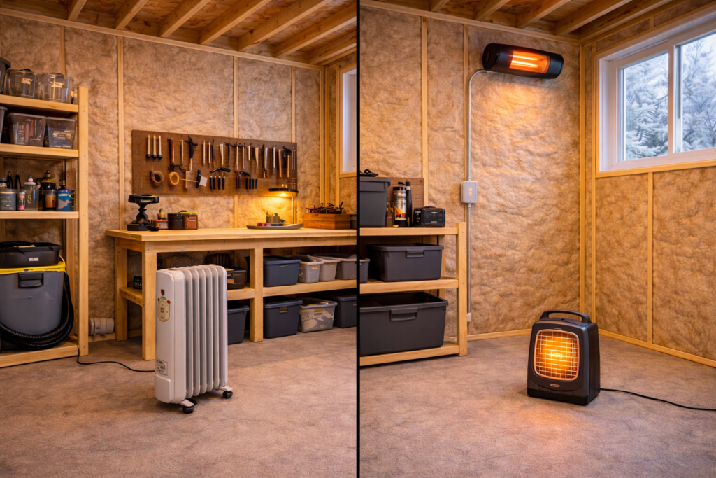Comparison of oil-filled heater and fan heater inside a backyard shed workshop.