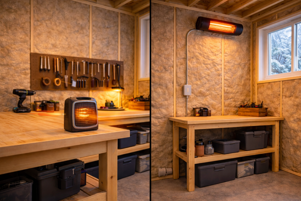 Comparison of ceramic fan heater and infrared heater inside a backyard shed workshop.