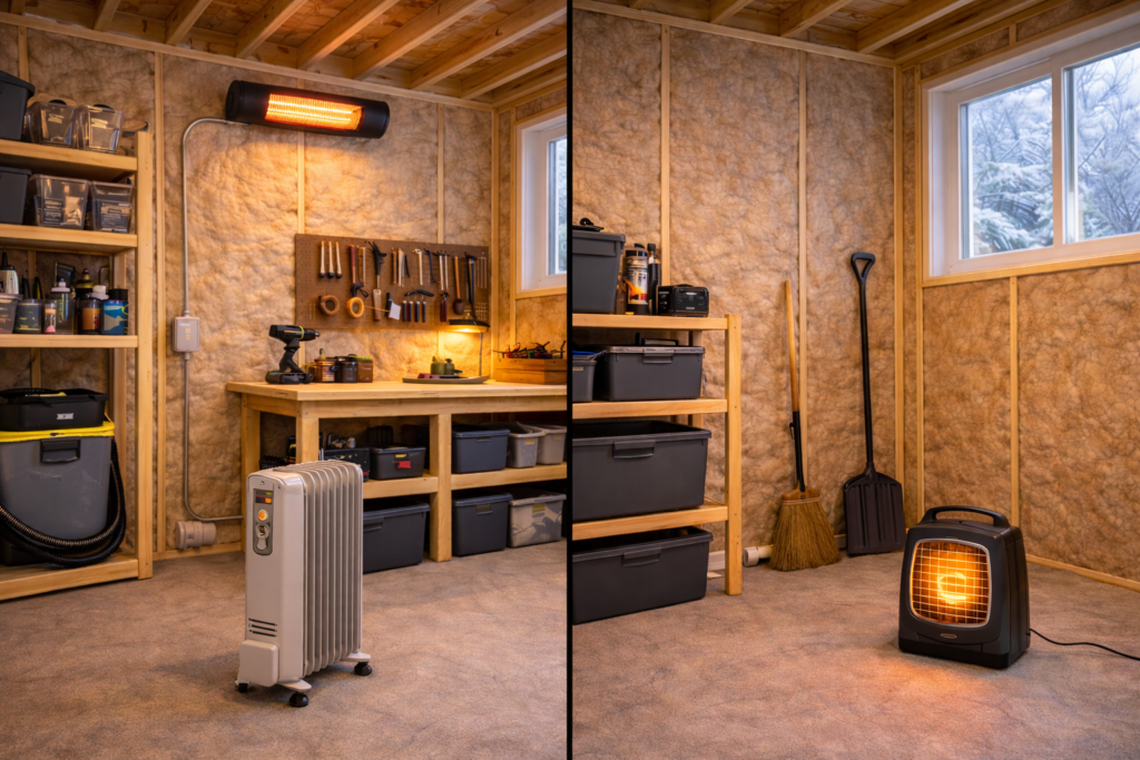 Comparison of wall-mounted electric heater and portable heater inside a backyard shed.