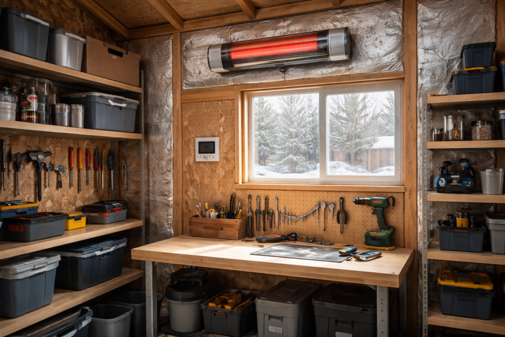 Wall-mounted electric heater with separate thermostat installed inside a backyard shed.